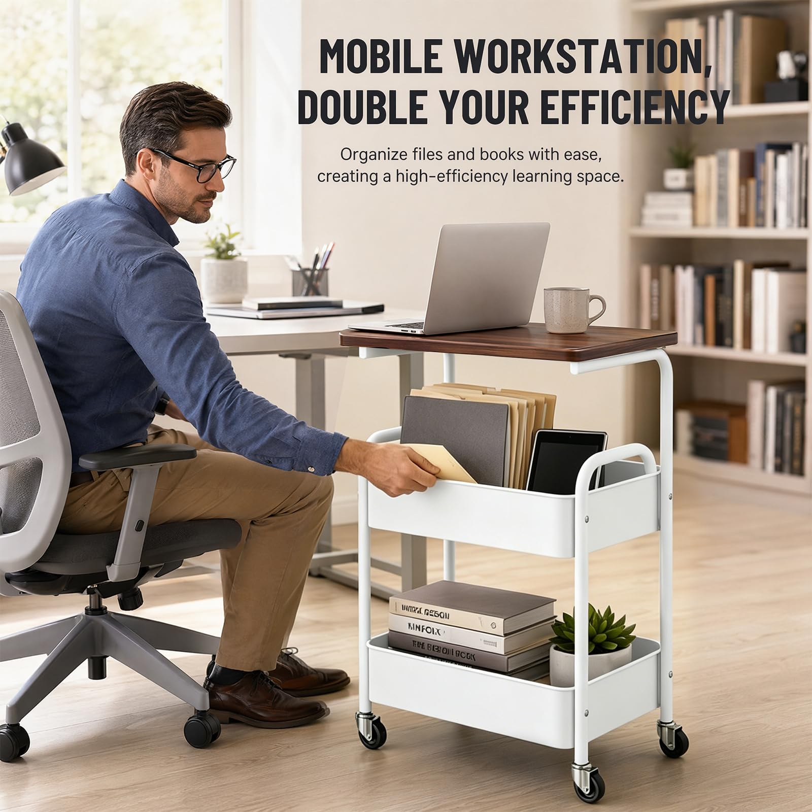 Carro de metal con ruedas de 3 niveles con placa de madera y tablero, carrito de cocina con ruedas y freno, estable para cocina, oficina, baño, para manualidades, color negro, ahorra espacio