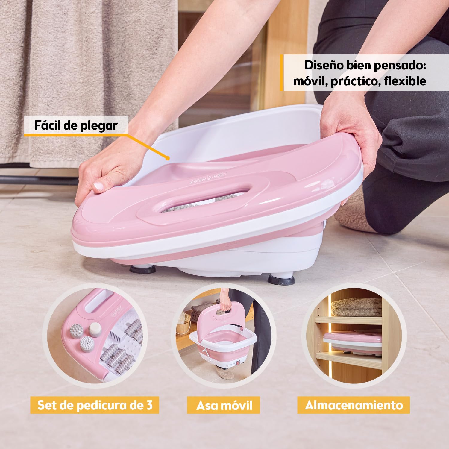 TZS First Austria Hidromasajeador plantar plegable 450W 3 accesorios 8 rodillos de masaje Pediluvio eléctrico vibración burbujas infrarrojos calefacción