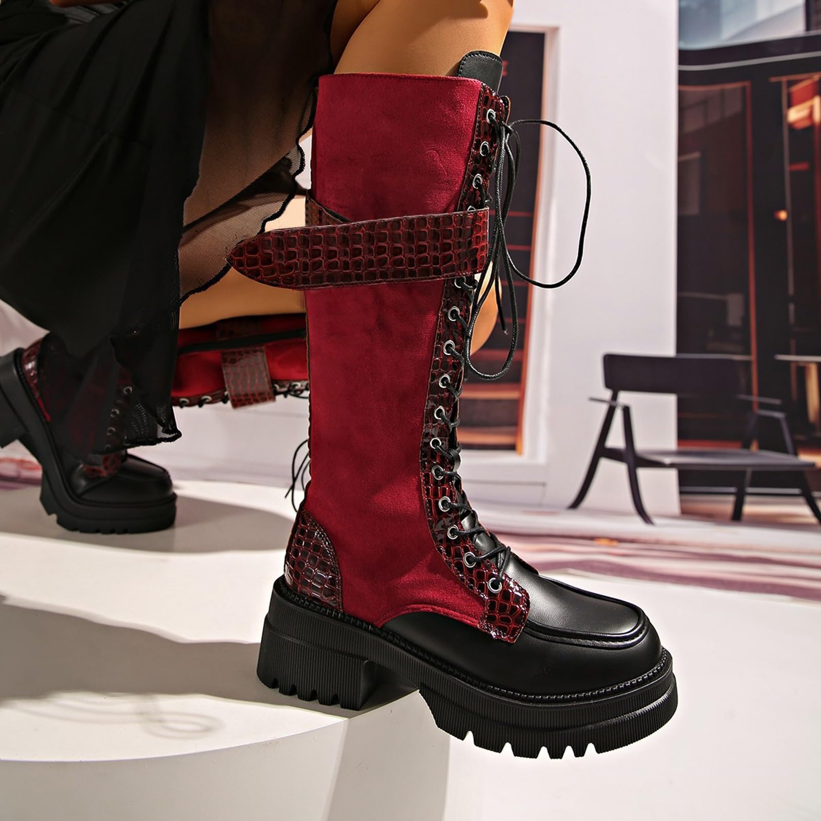 Springerstiefel Damen Kniehoch Schnürstiefel Leder Plateau Combat Boots