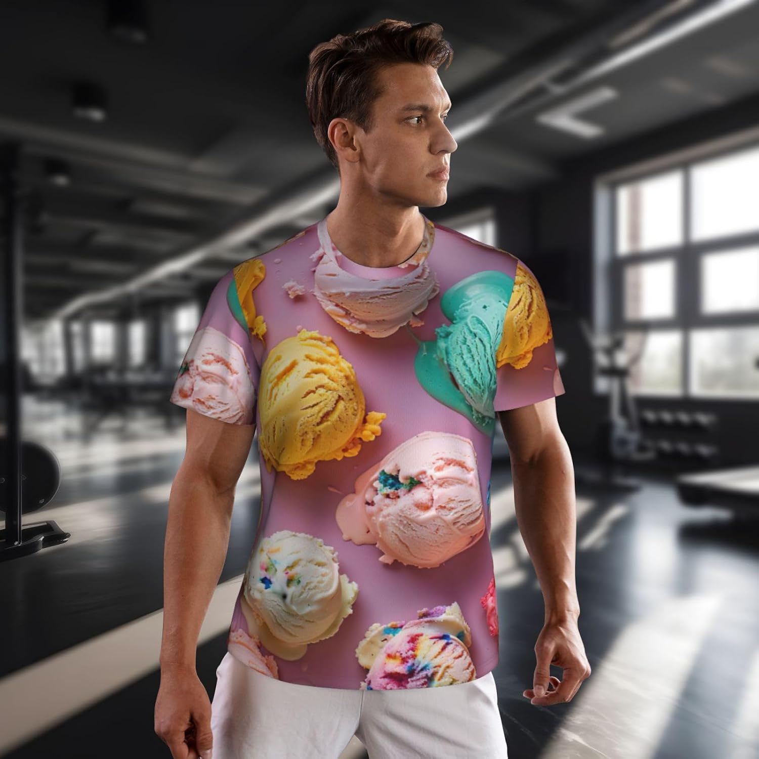 Many Colored Ice Cream Print Mens Short Sleeve Mesh T-Shirt Breathable Athletic Gym Running Casual Sports Wear