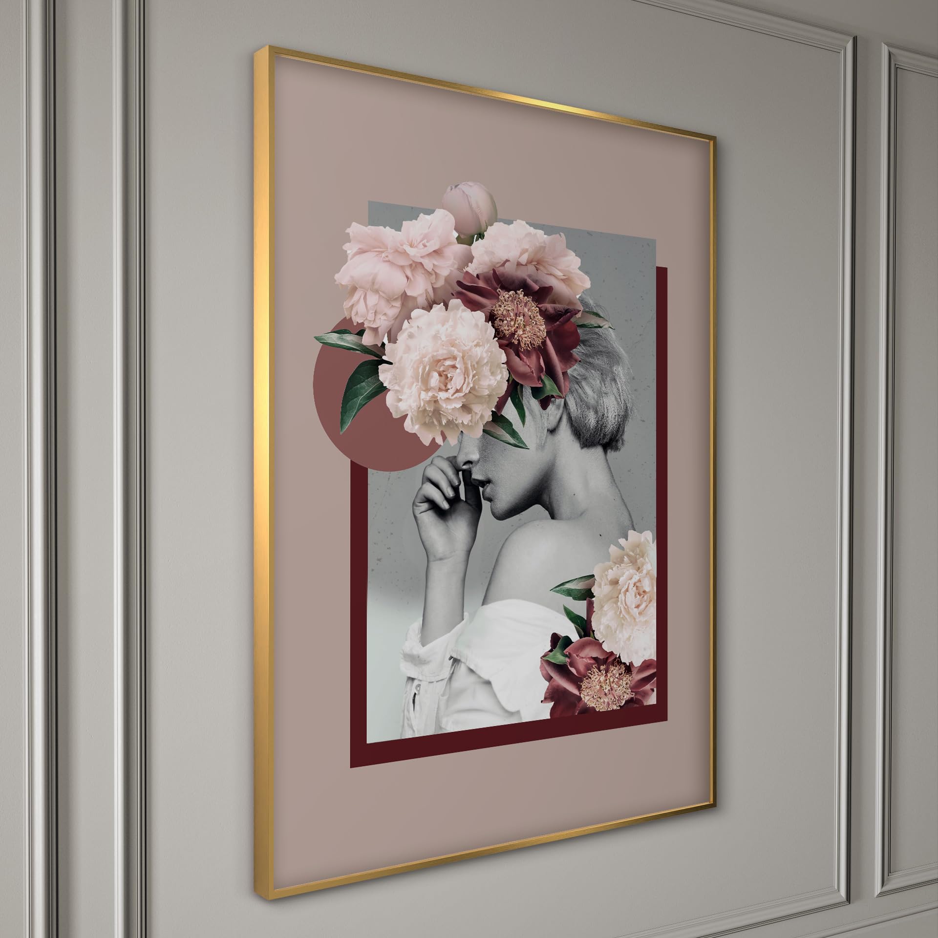 STYLER Tableau encadré B & W Girl 50 x 70 cm I Artbox Cadre doré femme fleurs rose moderne bouquet noir et blanc Décoration murale pour salon chambre à coucher Décoration murale avec