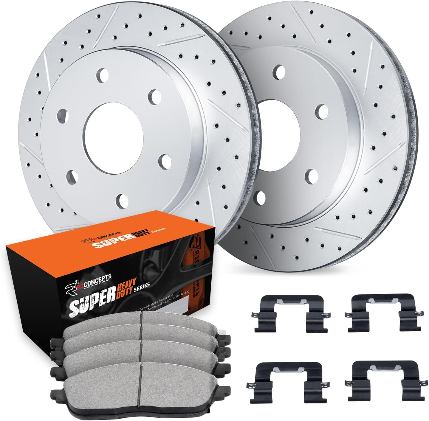 R1 Concepts Front Brake Kit For 2003-2009 Toyota 4Runner, 2007-2014 Toyota FJ, 2005-2023 Toyota Tacoma| Drilled Slotted Brake Rotors| Super Heavy Duty Brake Pads and Rotors Kit| Hardware included