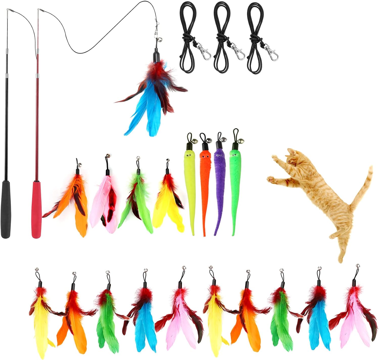 MeoHui 24PCS Cat Feather Toys, 2PCS Retractable Cat Wand and 15PCS Feather Replacements Plus 4PCS Worms and 3PCS Replacement String for…