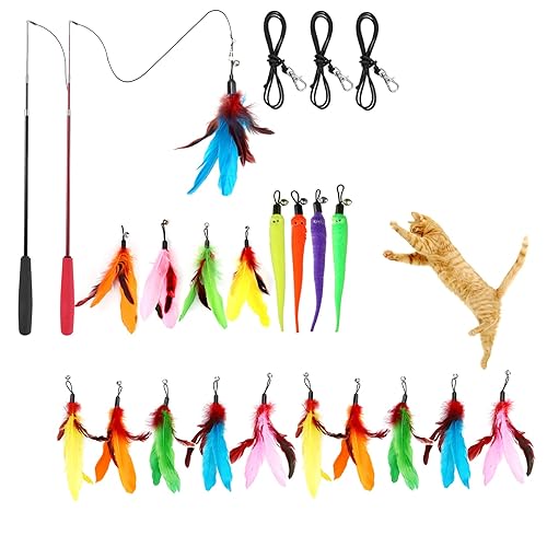 MeoHui 24PCS Cat Feather Toys, 2PCS Retractable Cat Wand and 15PCS Feather Replacements Plus 4PCS Worms and 3PCS Replacement String for Indoor Cats Kitten Interactive Play