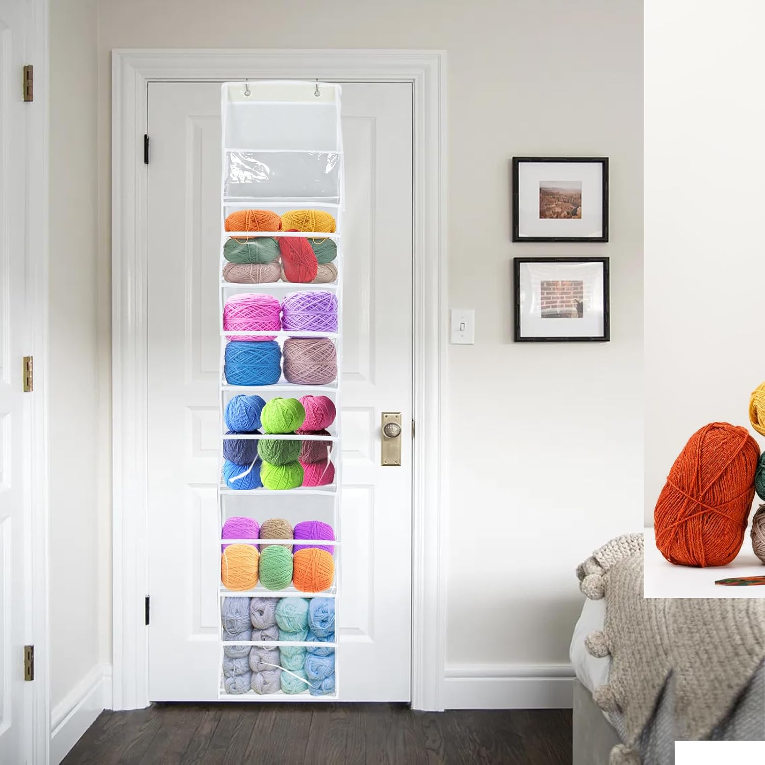 Hanging Yarn Storage Organizer with 6 Large Pockets, Clear Knitting Organizer with Over-Door Hooks for Crochet Lovers, Holder for Knitting Needles, Crochet Hooks, Yarn Balls