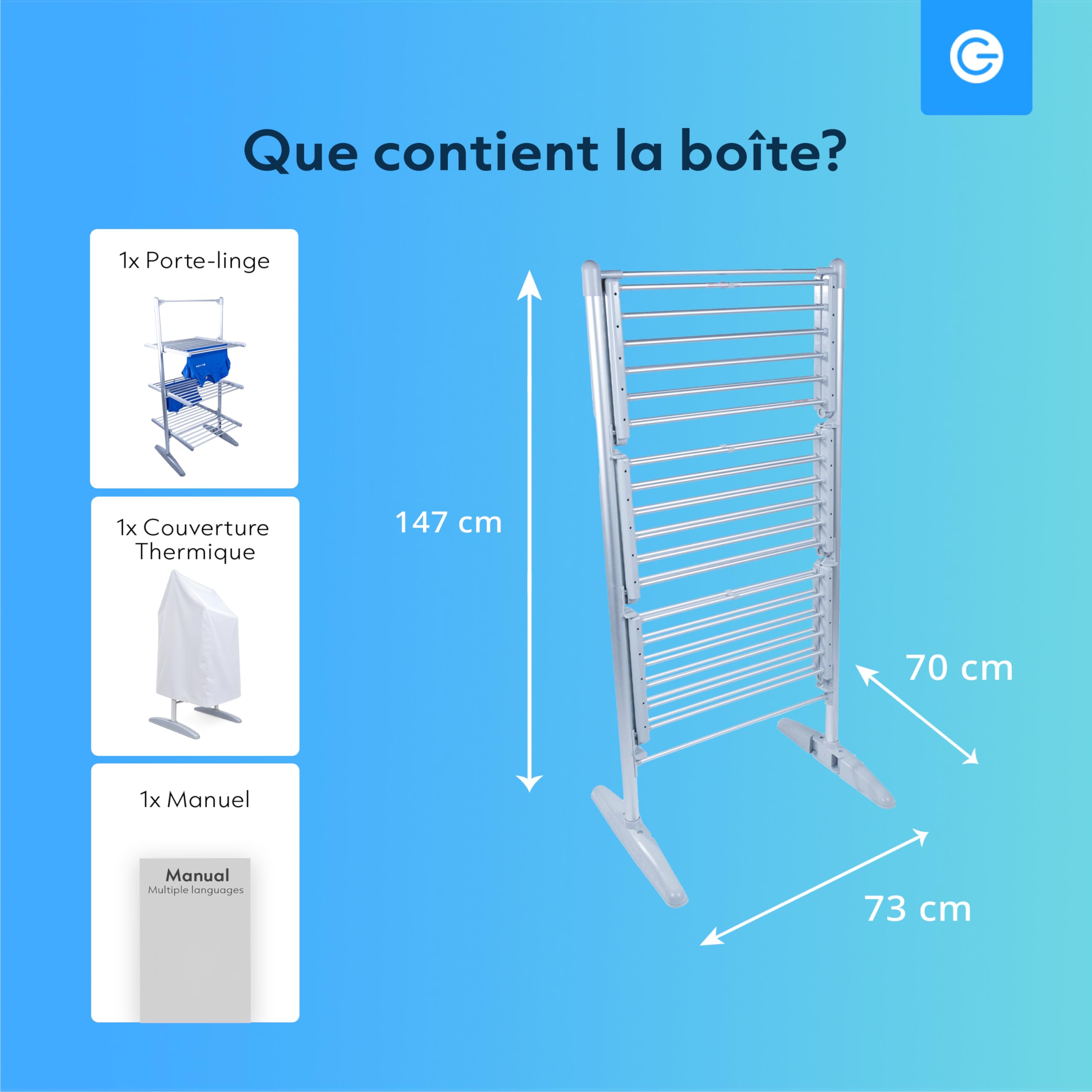 Silvergear® Séchoir à Linge Chauffant Intérieur Premium | 73x70x147cm