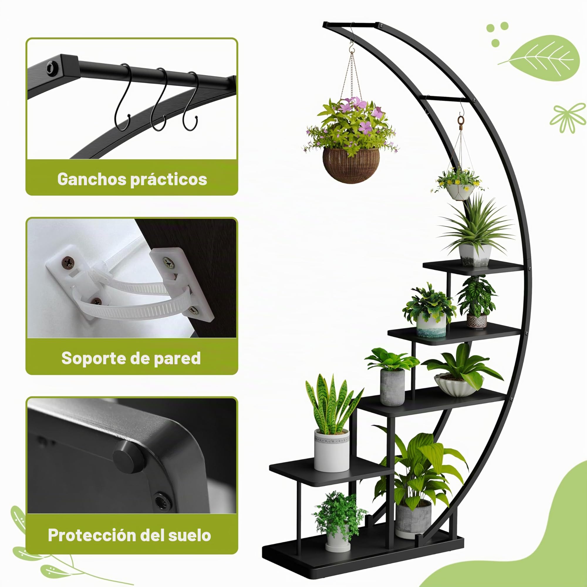 Ribelli Soporte de metal para plantas de 5 niveles en forma de media luna, 172 cm, estantería para plantas con 5 estantes y ganchos, soporte alto para plantas, escalera con protección antivuelco para