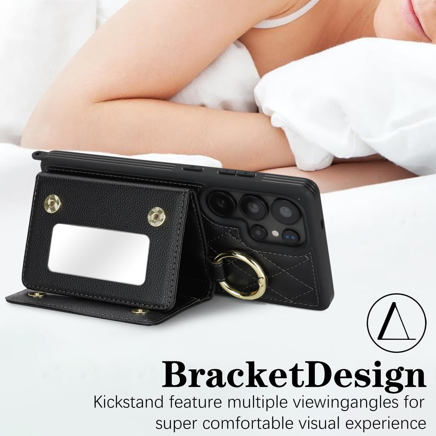 for Galaxy S25 Ultra Case with Card Holder and Strap for Women,Crossbody Lanyard, Make Up Mirror,Ring Stand,Snap Clasp,Cute Phone Wallet Cases 6.9 inch - Black - Image 4