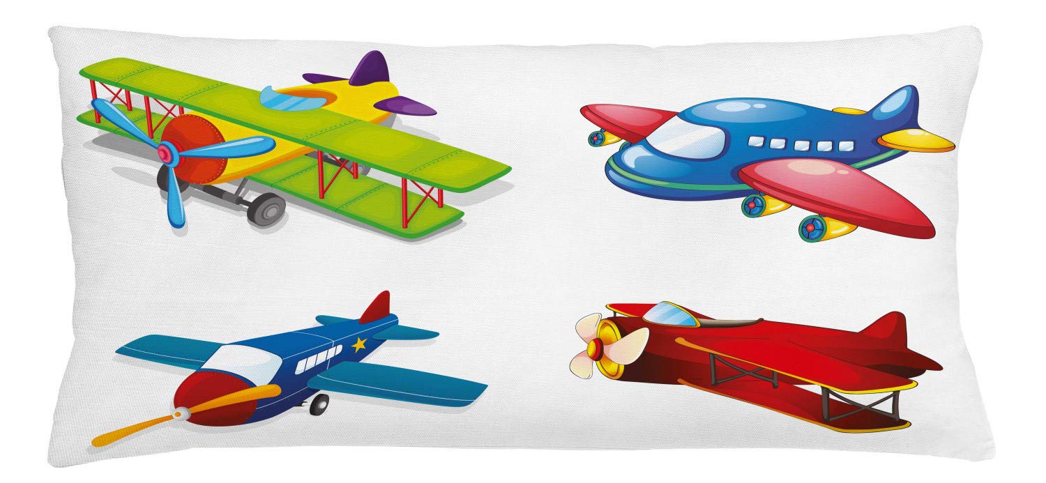 Lunarable Cartoon Throw Pillow Cushion Cover, Airplane Illustration with Style Planes of All Shapes and Sizes Airliner, Decorative Square Accent Pillow Case, 36