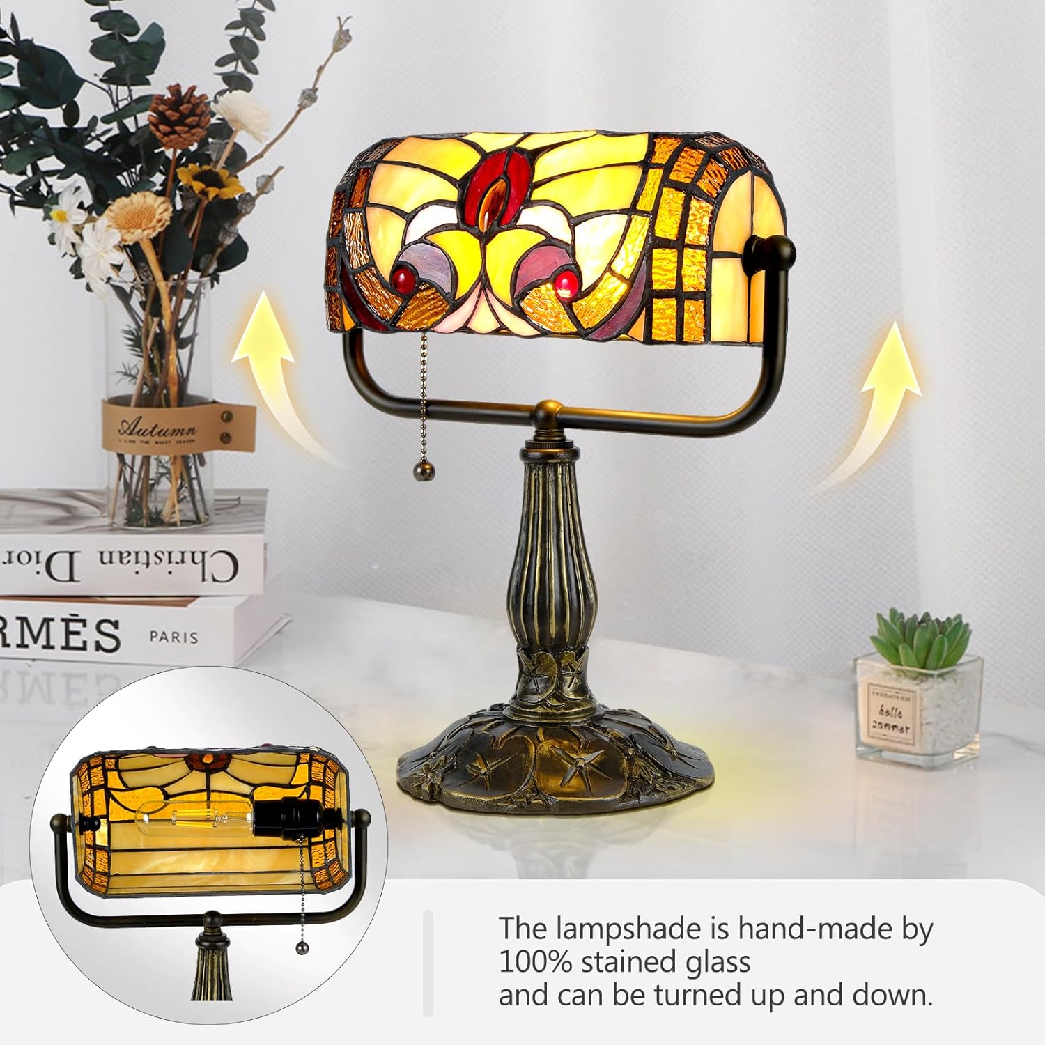 Elegant Tiffany Bankers Desk Lamp,Baroque Stained Glass Piano Light with LED Bulb,Vintage Office Decor for Study, Library, Upright Piano.