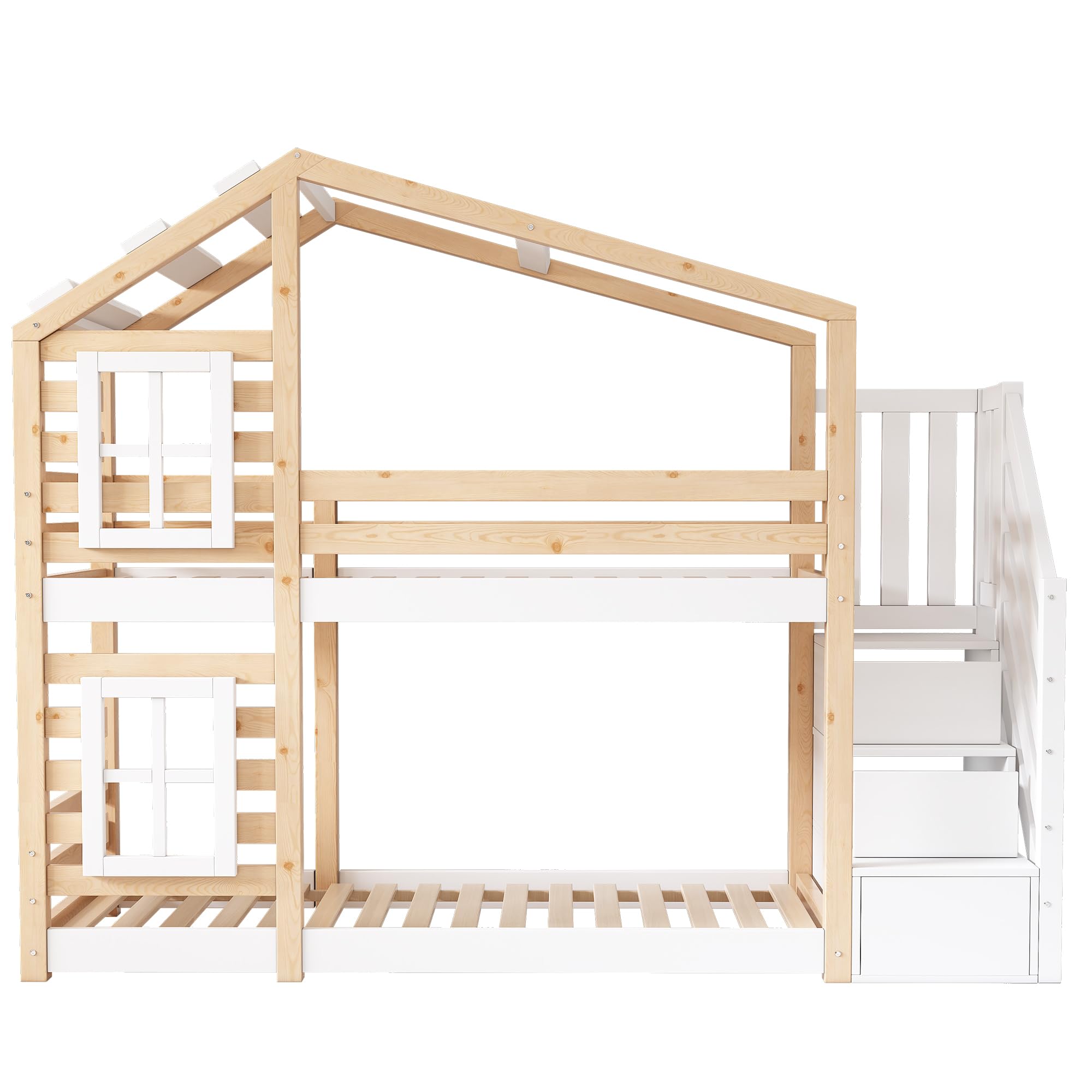 Rtopsu Letto per Bambini a Castello 90x200 cm, Letto per Ragazzi con Scaletta e Contenitore Cassetti, Letti a Soppalco con Sponde e Finestra, Letti con Rete a Doghe, Naturale e Bianco, Senza Materasso