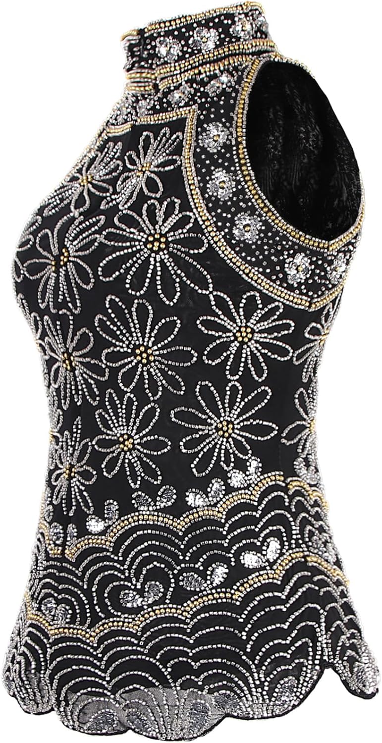 Vijiv Women's 1920s Inspired Beaded Sequin Top High Neck Sleeveless Floral Shimmer Glitter Blouse Formal Gatsby Shirt - Image 7