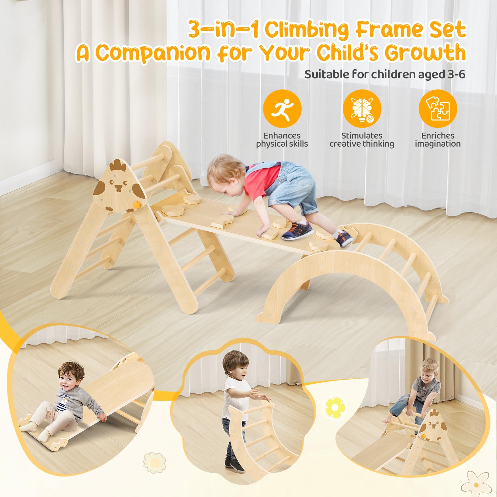 7-in-1 Montessori Klettergerüst Set Indoor Spielset mit Bogen, Rampe und Kletterdreieck, Holz-Dreieckset für Baby-Innenspielplatz für Kinder, Spielplatz-Klettertoys für Kleinkinder (Holzfarbe)