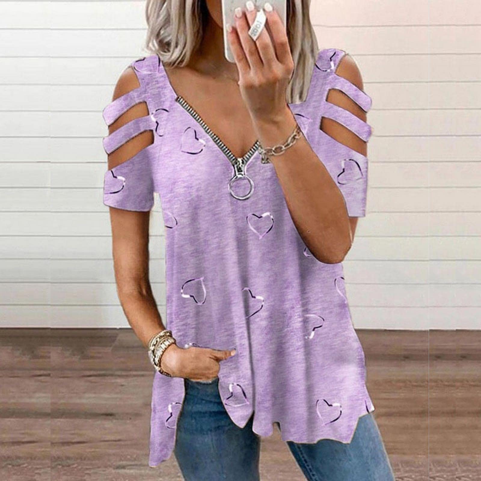 MOGSA T-shirt Estate Donna Oversize T-Shirt Cuore Stampa Spalla Aperta Manica Corta Top Femminile Plus Size Abbigliamento Donna