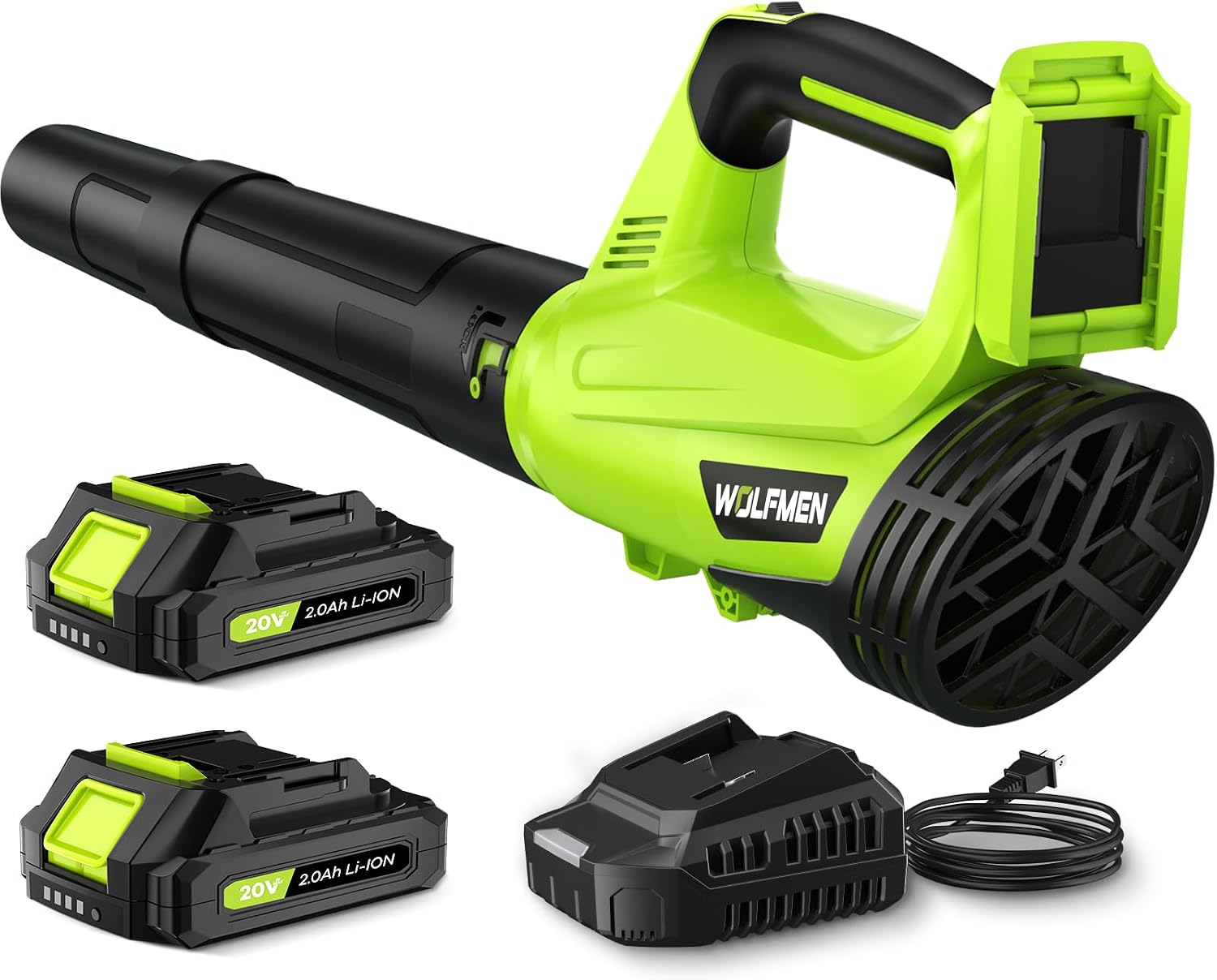 Leaf Blower Cordless, 450 CFM Electric Cordless Leaf Blower with 2 Batteries and Charger, 2 Speed Mode, Lightweight Leaf Blowers for Lawn Care, Blowing Leaves, Patio Cleaning and Dust, Bright Green