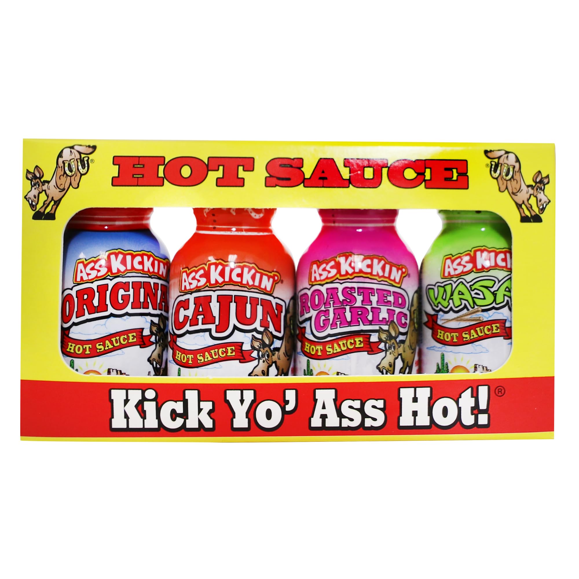 ASS KICKIN' Premium Hot Sauce Bottles Gourmet Gift Set Travel Size – .75 oz. 4 Pack - Try if you dare! – Perfect Gourmet Christmas Gifts for the Hot Sauce Fan