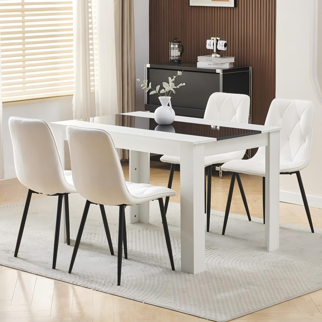 Homullel 120 cm Dining Table and 4 Chairs, 4 Seater Table and Chairs Set, Kitchen Dining Room Set for 4, Compact, Space Saving (Velvet Diamond White #5, 120cm, 4 Seats)