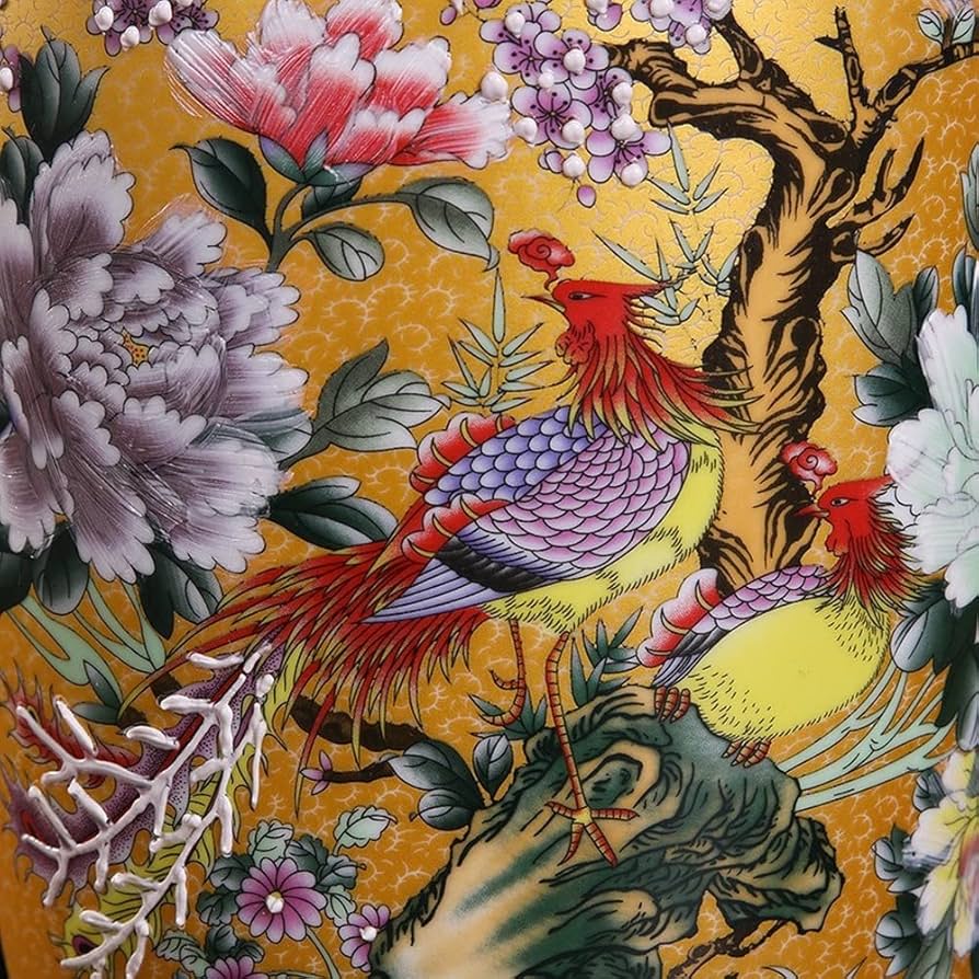 JINGFA エナメル塗装の花柄装飾花瓶（高さ約21cm）