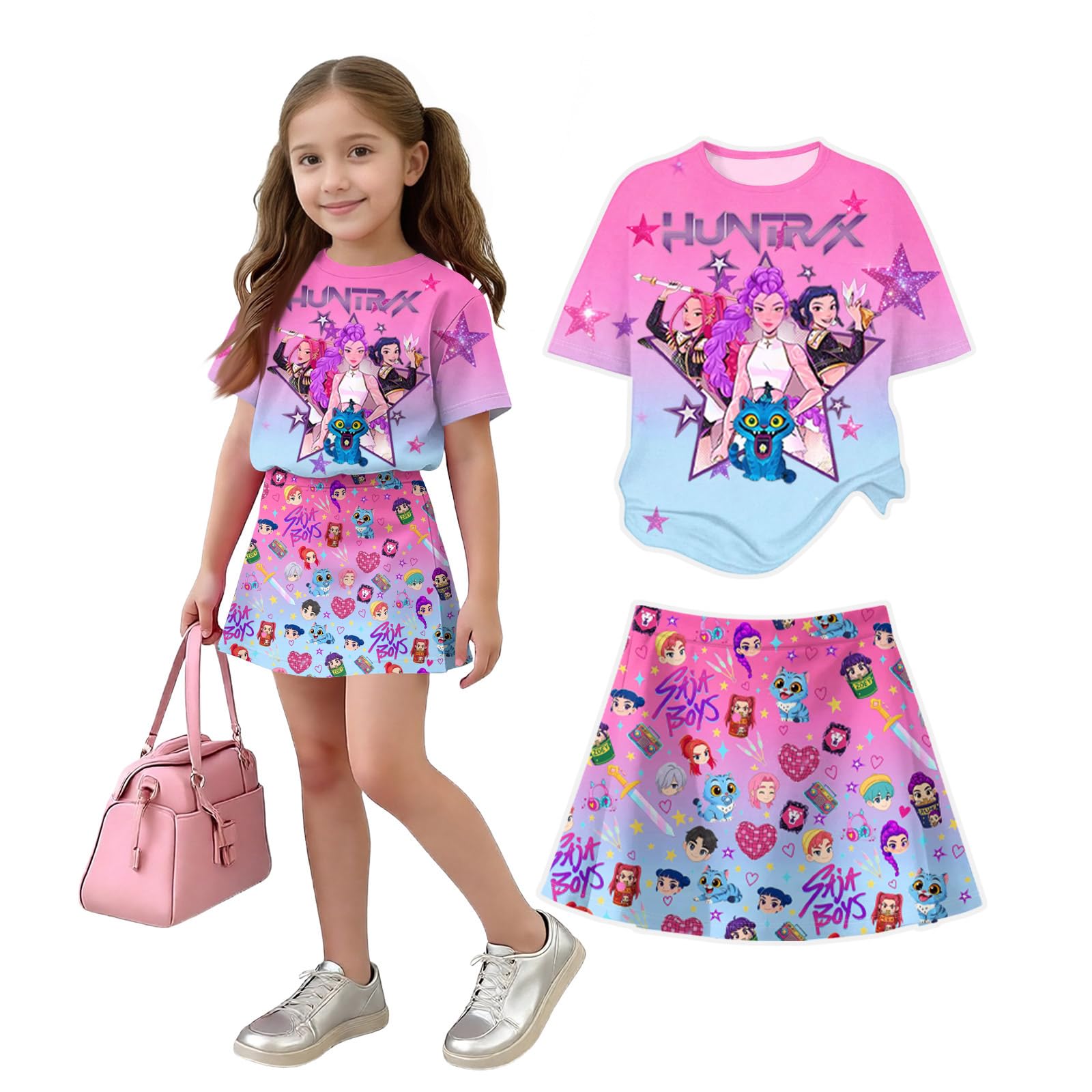 K Pop Short Sleeve T-Shirt and Skirts Outfits Set for Girls Hunters Girl's Anime Graphic Tees De-Mon Summer Sets — view 10