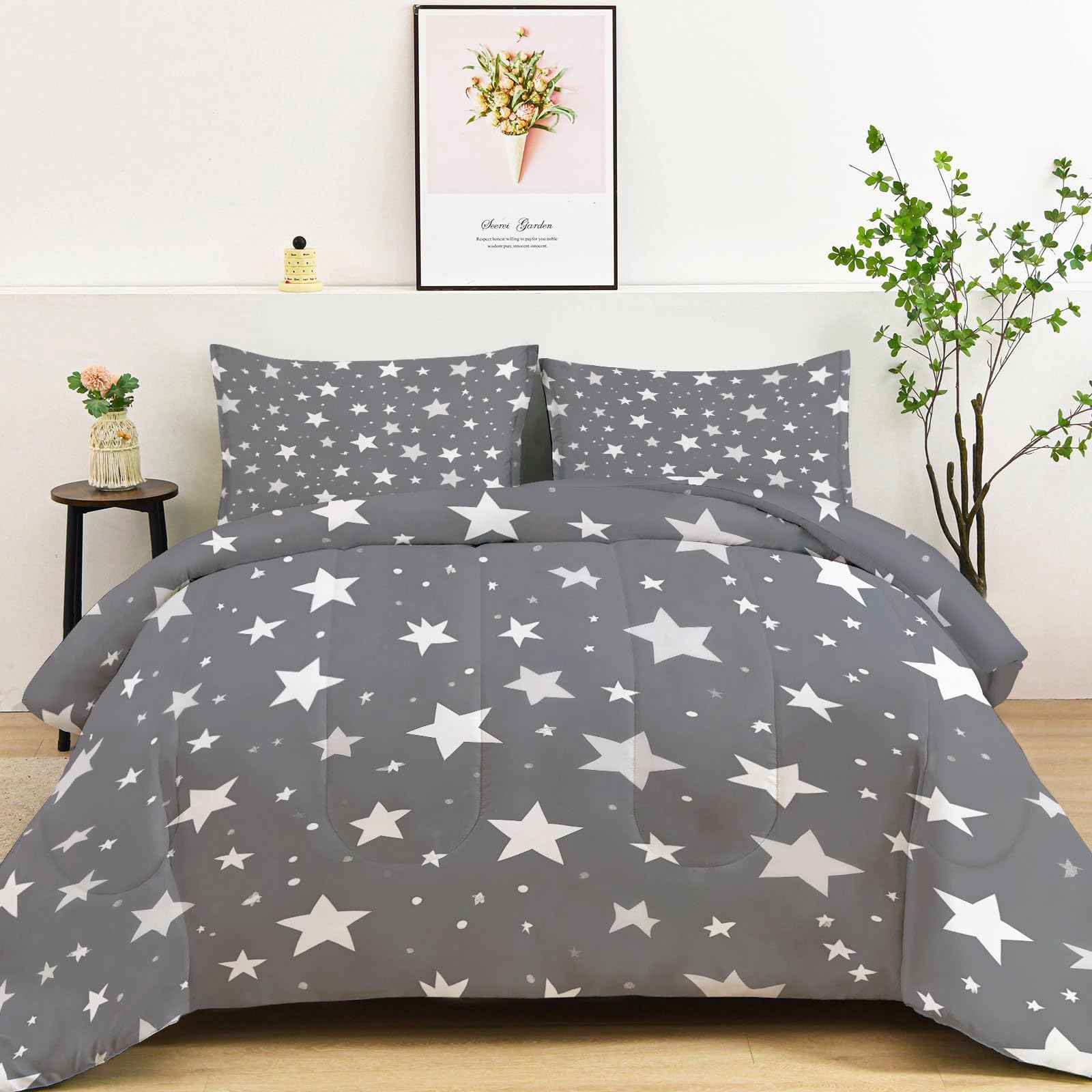 Dibujos Animados De Lindas Estrellitas Edredón nórdico de Microfibra 155x220 cm – Relleno nórdico 4 Estaciones – Ultra Suave Ligero, Reversible y Transpirable, Gris