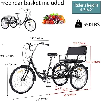 Adult Tricycle 7 Speed, 24 Inch 3 Wheel Bikes Extended Rear wheelbase Tricycle Suitable for Modification Wheel Bike Free large-capacity basket included for Women/Seniors Picnic Exercise Shopping