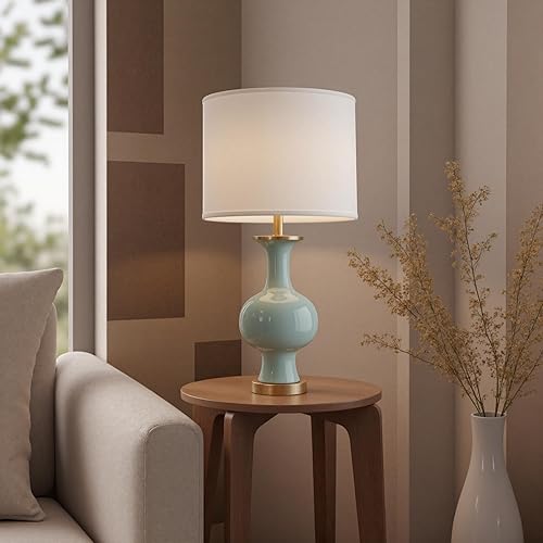 Miniatura 3 de Lámpara de mesa de cerámica verde de 21 pulgadas, lámparas de dormitorio para mesitas de noche, lámparas de noche de granja para dormitorio, sala de