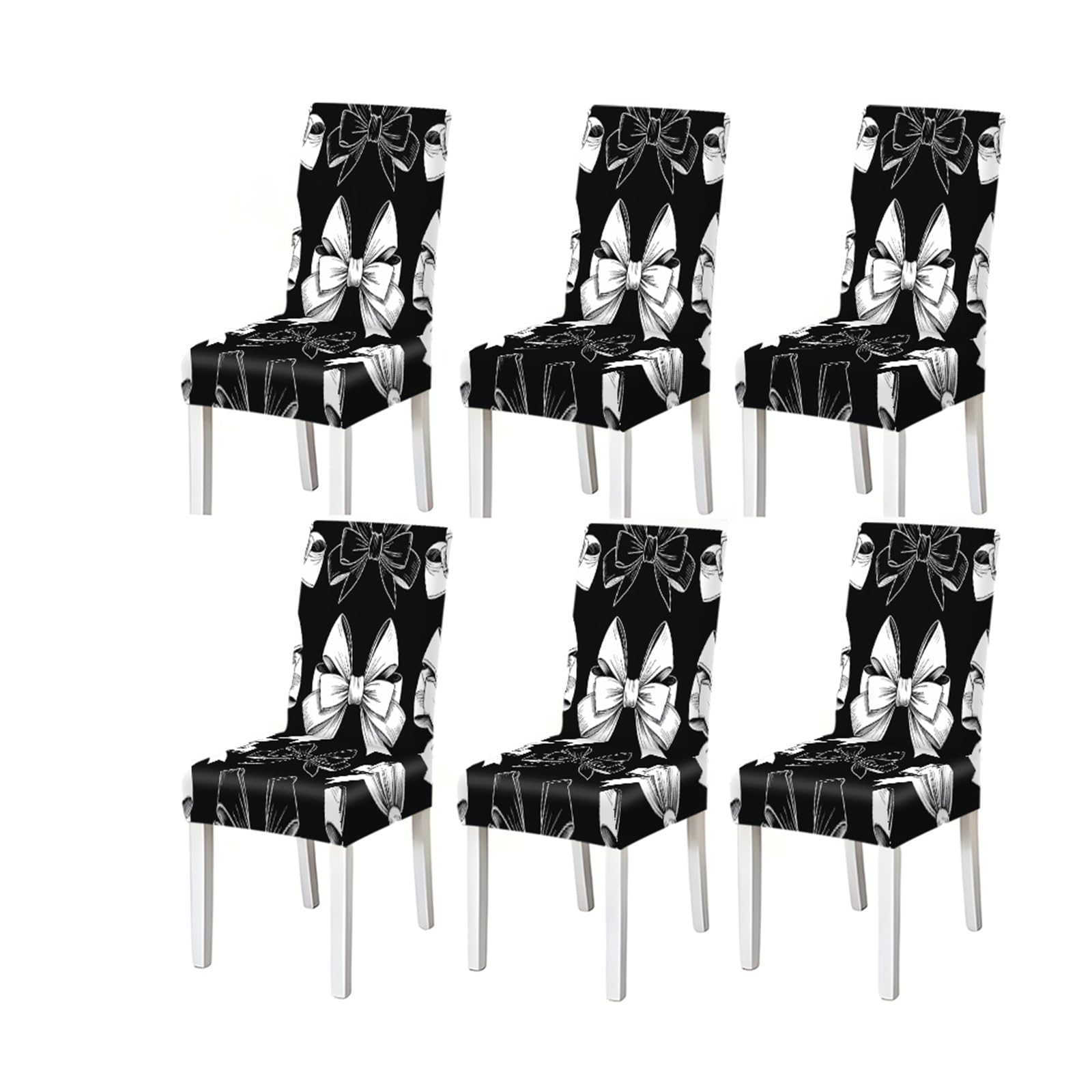 BOSUYBN Black White Bow Pattern Print Stretch Dining Chair Covers Set Of 2/4/6, Slipcovers For Kitchen Dining Room Living Room Café Party Furniture Protectors for Home Dining Room(6PCSChair cover)