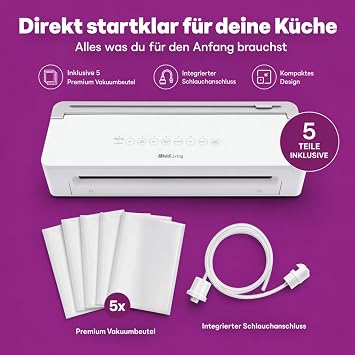 Vakumlama makinesi | Gıda vakumlama cihazı | 5 vakum torbası dahil (20 x 30 cm) | Vakumlu mühürleme makinesi | Otomatik folyo kaynak cihazı | Dokunmatik panel | Yumuşak ve meyve/sebze
