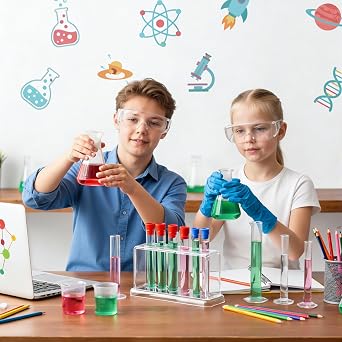 28 Pcs Plastic Graduated Cylinders and Beakers, Including 3 Graduated Cylinder 5 Plastic Beakers 3 Erlenmeyer Flask 10 Droppers 6 Plastics Test Tubes with Rack, Ideal for DIY Science