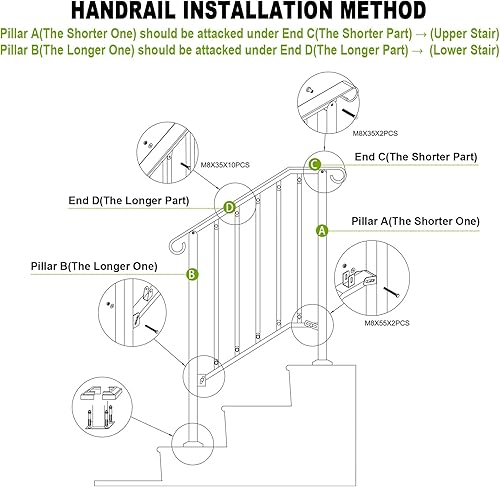 Miniatura 6 de Zwinz Pasamanos ajustables para escalones al aire libre, pasamanos #2 para 2 o 3 escalones, pasamanos de hierro forjado mate, riel de escalera con
