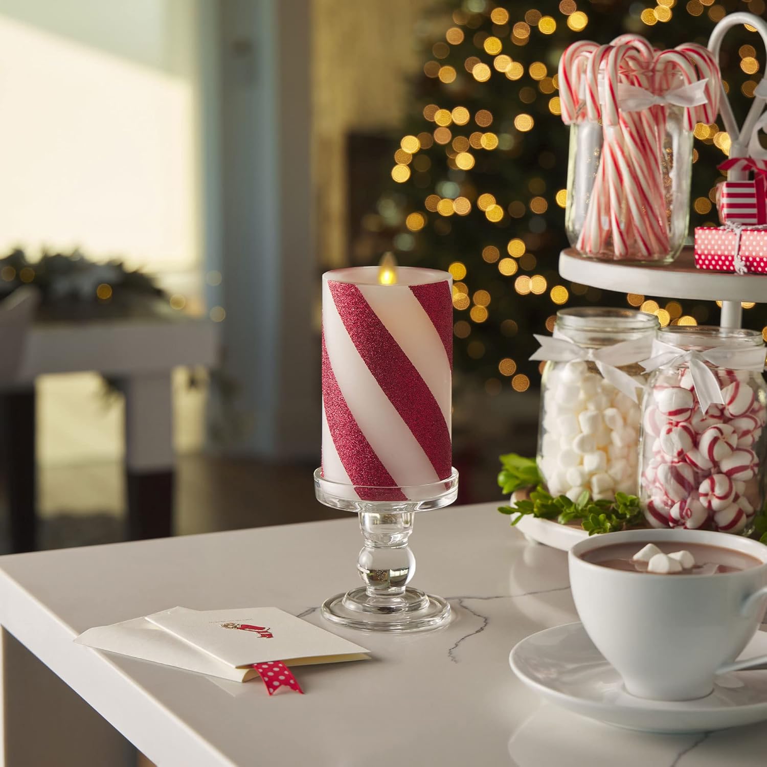 Luminara - Flameless Holiday LED Candle Battery Operated Moving Flame - Red Candy Cane - Pack of 1-5.5" - Unscented Indoor Realistic Flickering Safe