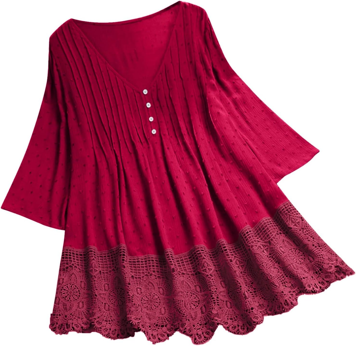 Women's Lace Boho Linen Tunic Blouses Boho Peasant 3/4 Sleeve Floral Embroidered Shirt 2026 Indian Ruffle Front Tops for Older Women Spring Plus Size Vintage Gauze Bohemian