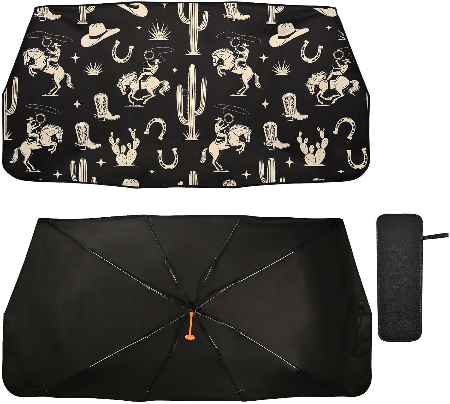 Gredecor Windshield Sun Shade Umbrella, Boho Western Cactus Cowboy Foldable Car Sunshade with UV Block Front Window (Heat Insulation Protection) for Auto Windshield Covers