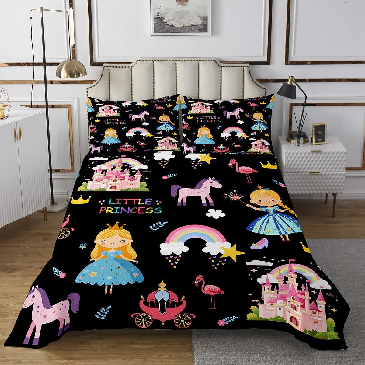 Manfei Magical Princess Bedspread King Size, Dreamy Castle Unicorn Coverlet Set 3pcs, Cartoon Rainbow Black Quilted Coverlet with 2 Pillowcases, Kids Girls Room Decor, Soft Bedding Quilt