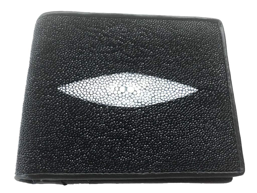 Julie Genuine Real Stingray Skin Leather 2 Eye Man Bifold Shiny Black Wallet
