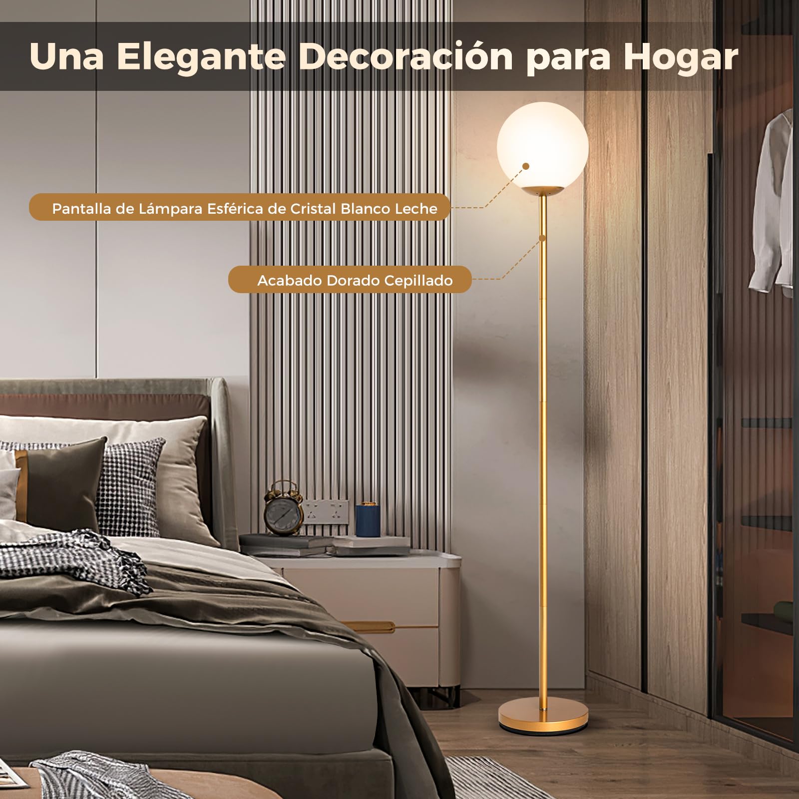 COSTWAY Lámpara de Pie Moderna 165 cm, Lámparas de Suelo Altas con Pantalla de Cristal y Base Pesada, Interruptor de Pie, Lámpara de Pie Lectura para Salón, Dormitorio, Dorado(E27 Bobilla No Incluida)