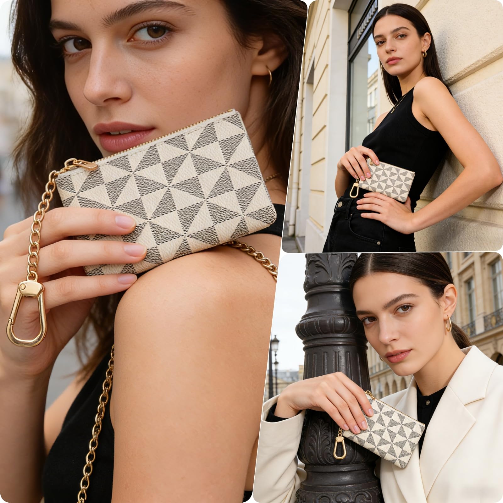 Portamonete in pelle da donna con portachiavi, piccola cerniera, portamonete, porta carte, pochette per donne e uomini, bianco, Portamonete in pelle con cerniera