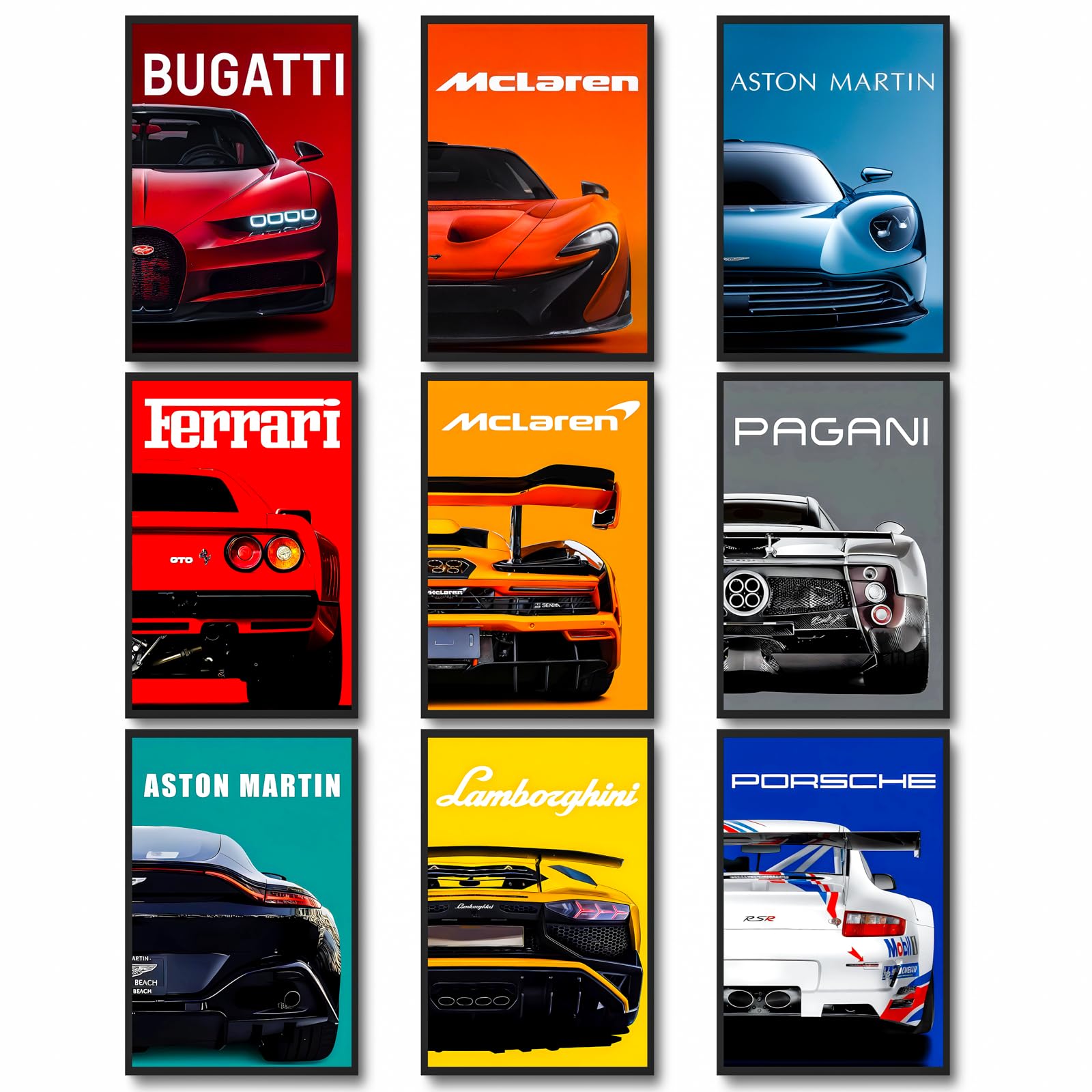dazongweihan 9pcs Super Car Posters for Boys Room, Racing Car Wall Art for Men Guys, Sports Car Wall Decor, Race Cars Pictures Wall Decor for Bedroom Dorm Man Cave (Unframe,8x12inch) (T1)