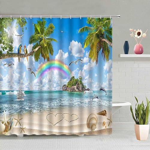 Miniatura 2 de Cortina de ducha de verano, playa, playa, palmera, lindo loro, gaviota, delfín, arco iris, cielo azul, cortinas de decoración de baño, tela de
