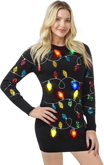 Giggling Getup Womens Light Up Ugly Christmas Sweater Dress with Light Up Bulb, Sweater Dresses for Women 2025