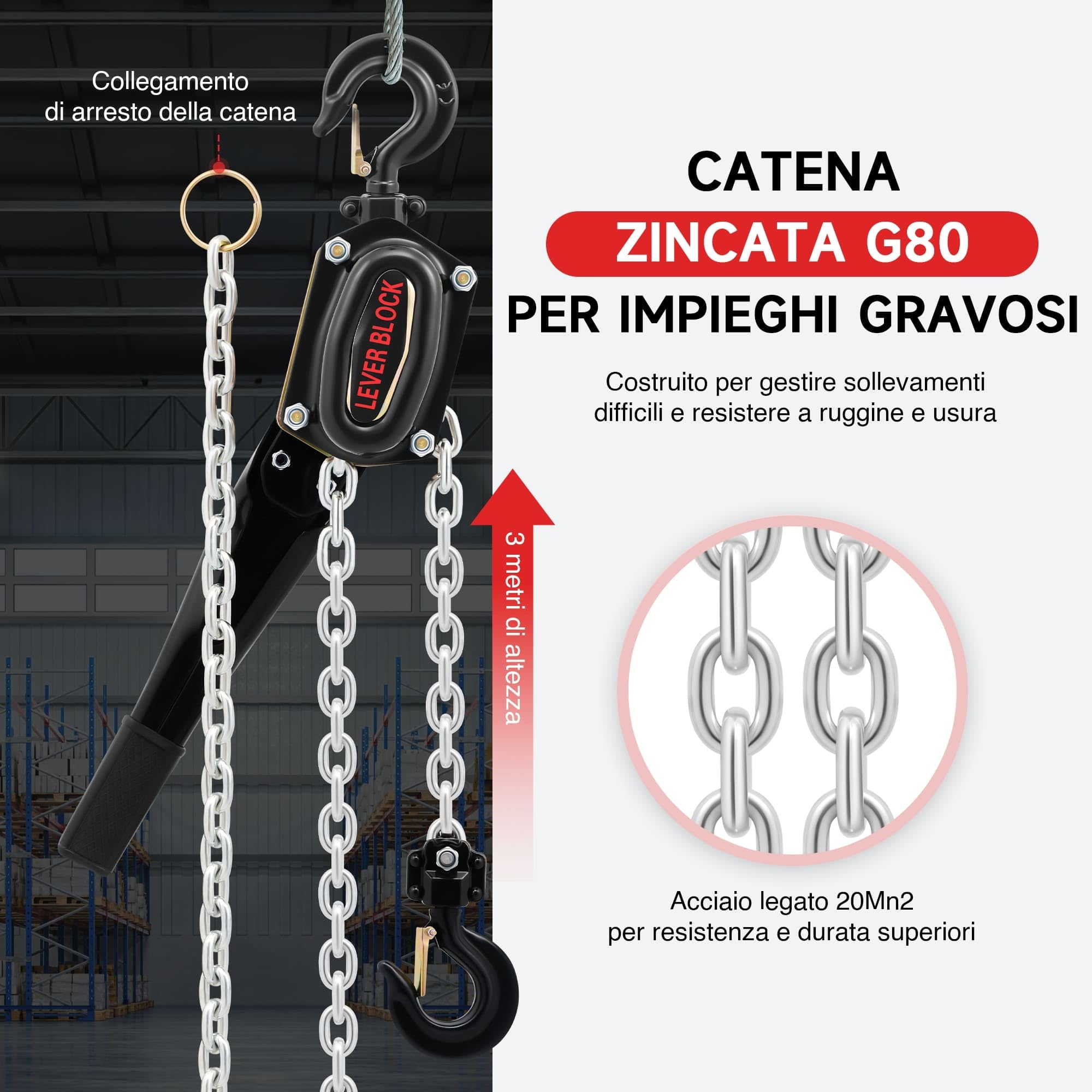 CREWORKS Paranco a Catena Manuale Altezza di Sollevamento 3 Metri Capacità Carico Max 1,5 Tonnellate con Catena Zincata G80 e Ganci Girevoli a 360° per Magazzini Edili Fabbriche