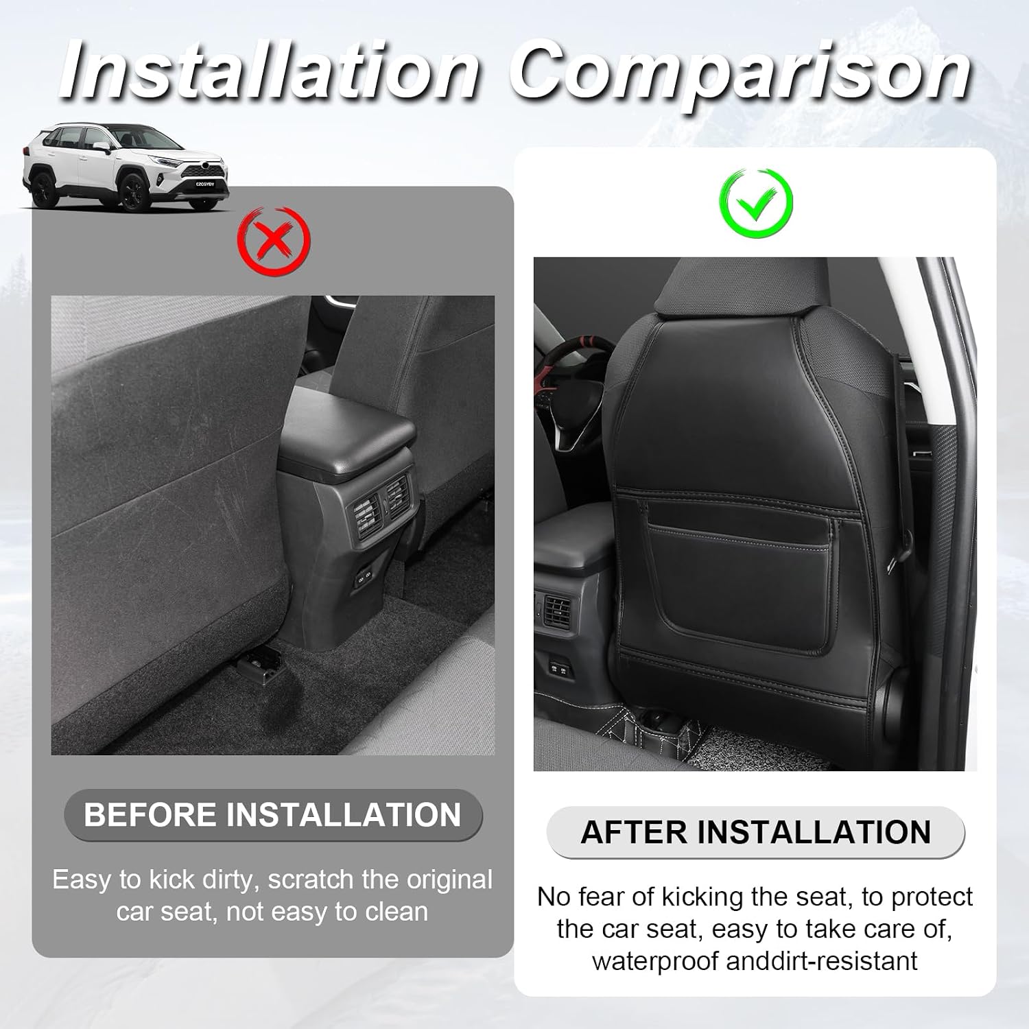 CZCGYDY Kick Mats Back Seat Protector for Toyota RAV4 2019 2020 2021 2022 2023 2024 2025,Leather Car Seat Back Protector for Kids with Organizer Pocket,Wear-Resistant,Waterproof,Anti-Scratch,2 Pack