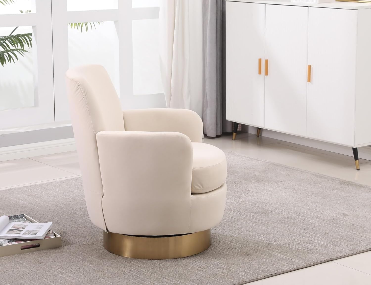 KEIKI Velvet 360° Swivel Barrel Chair with Gold Stainless Steel Base, Accent Round Single-seat Upholstered Reading Sofa Armchair for Nursery, Reading, Living Room, Bedroom, Lounge, Hotel, Beige Velvet