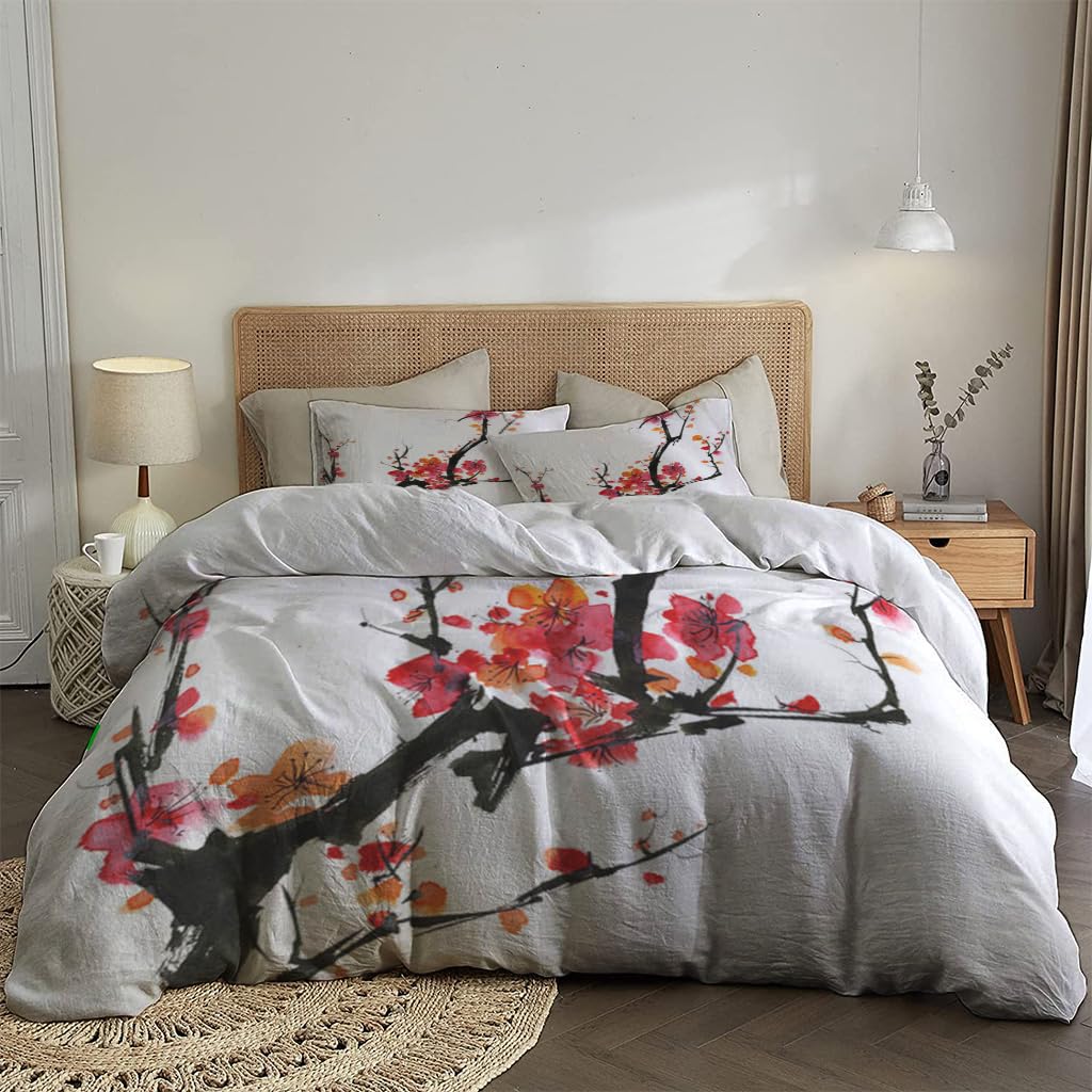 NIBAINLO 布団カバー和風墨絵梅の花 肌に優しい ピーチスキン加工 掛け布団カバー 和式 洋式 あったか 布団カバーセット リバーシブル ホームステイ ホテル 家庭兼用