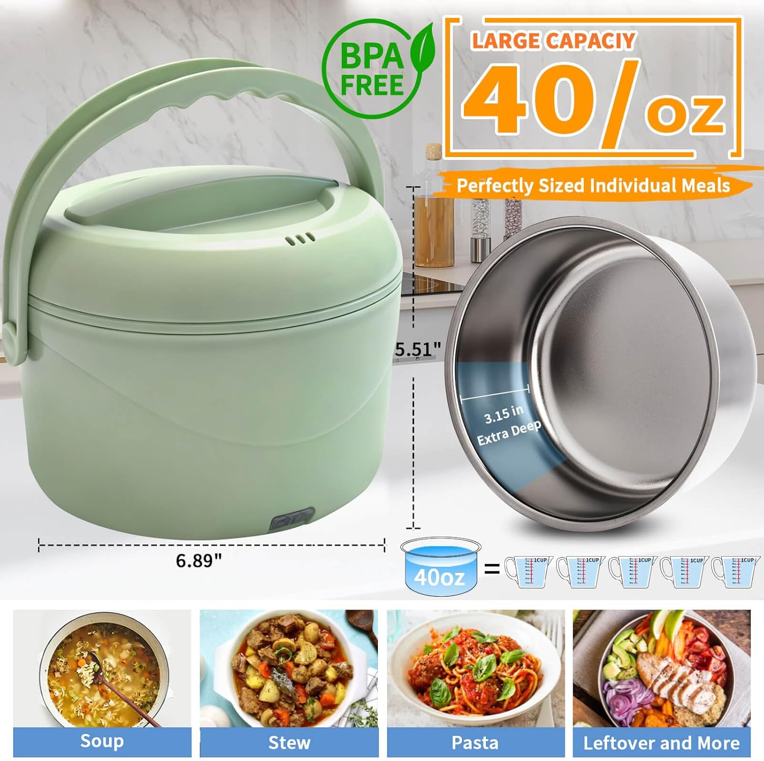 Aotto Electric Lunch Box, 40 oz Portable Food Warmer Heater, Lunch Warmer Portable for Work/Office/Car/Travel 12V/24V/110V 3-in-1, Warming Soup & Meal, Spill-Free, Men & Women's Gifts, Green - Image 3