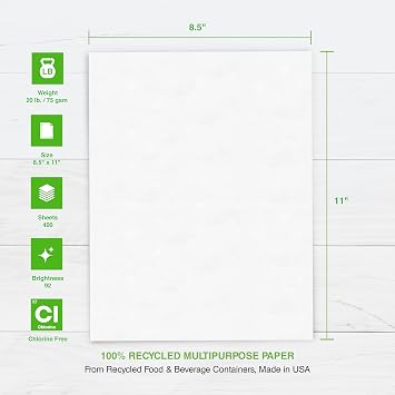 PrintWorks 100% Recycled Printer Paper 8.5 x 11 White - 20 lb Copy & Multipurpose Computer Paper - 6 Packs, 2400 Sheets - Made in the USA - 92 Bright - Printer & Copier Compatible (00018C)
