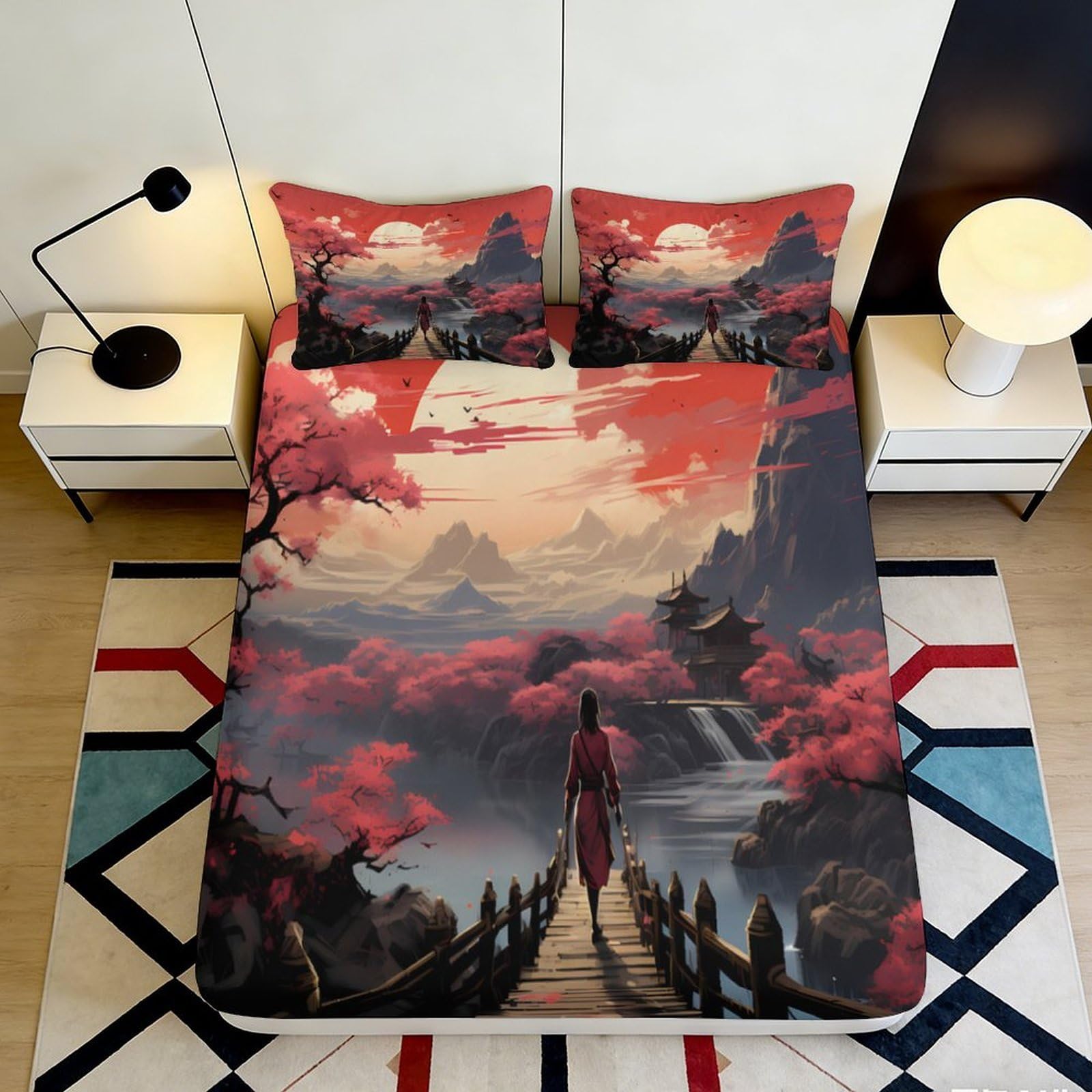 3D Printed Sakura Sunset Fitted Sheet Microfiber Soft Japanese Landscape Mattress Cover for Bedroom Guest Room Decor 160x200x25cm