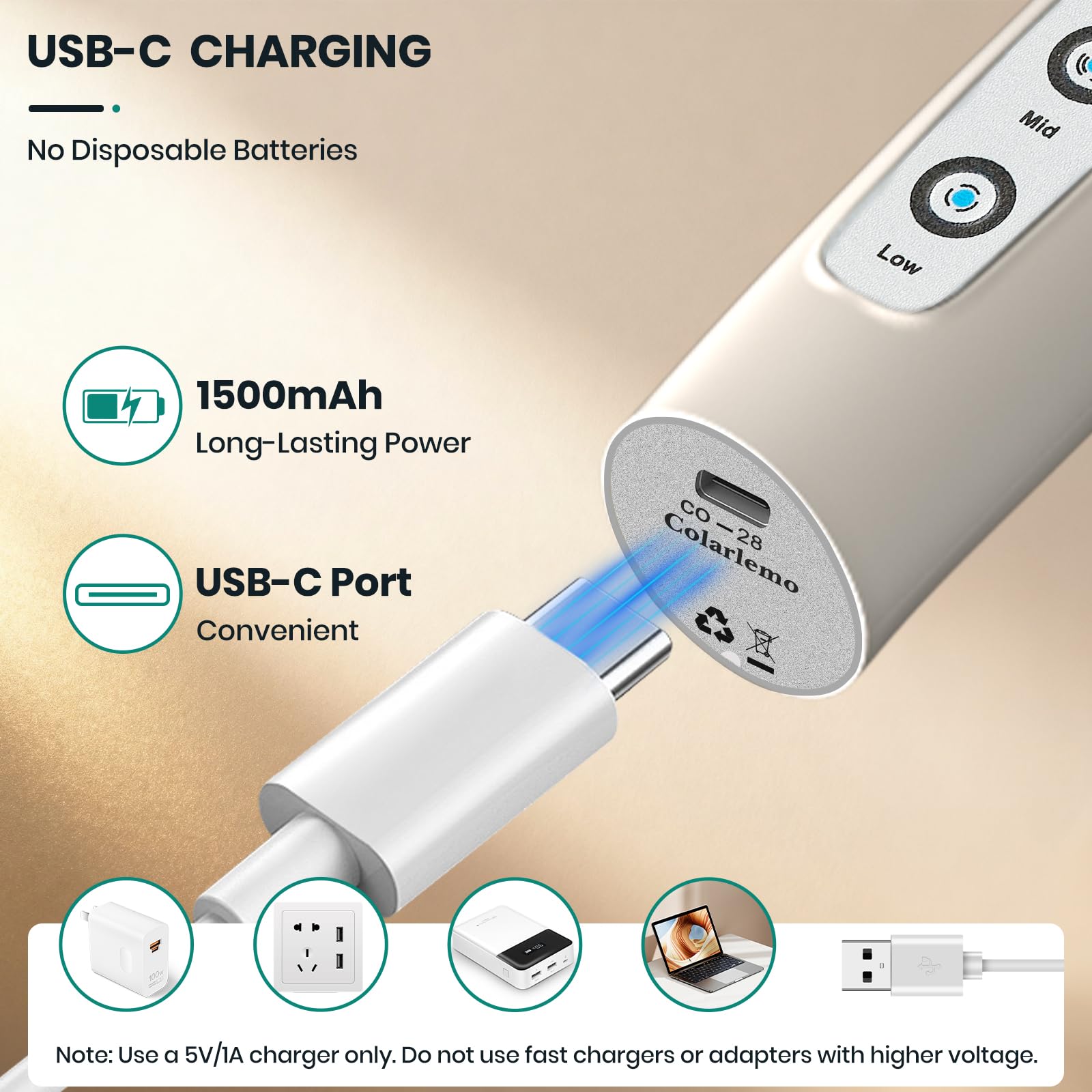 Colarlemo Mousseur à lait portable rechargeable, fouet électrique pour café, amovible avec 3 fouets en acier inoxydable, mélangeur manuel pour latte, cappuccino, matcha, œuf, sans support, beige