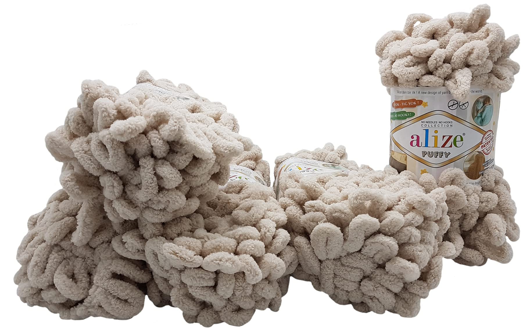 Alize Puffy 5 x 100g Loop Knitting Yarn, 500g Finger Knit Wool Super Bulky, Natural