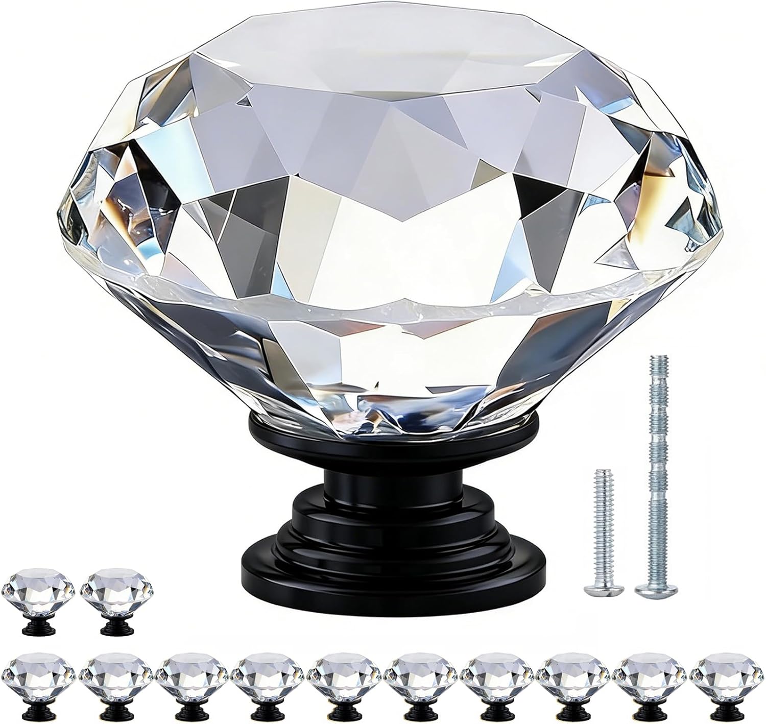 POZEAN Crystal Cabinet Knobs 30 Pack, 1-3/16 inch Drawer Knobs for Dresser with Two Screws, Diamond Glass Pulls Handles Home Upgrade Spring Renovation (30mm, 30Pack, Clear-Silver)
